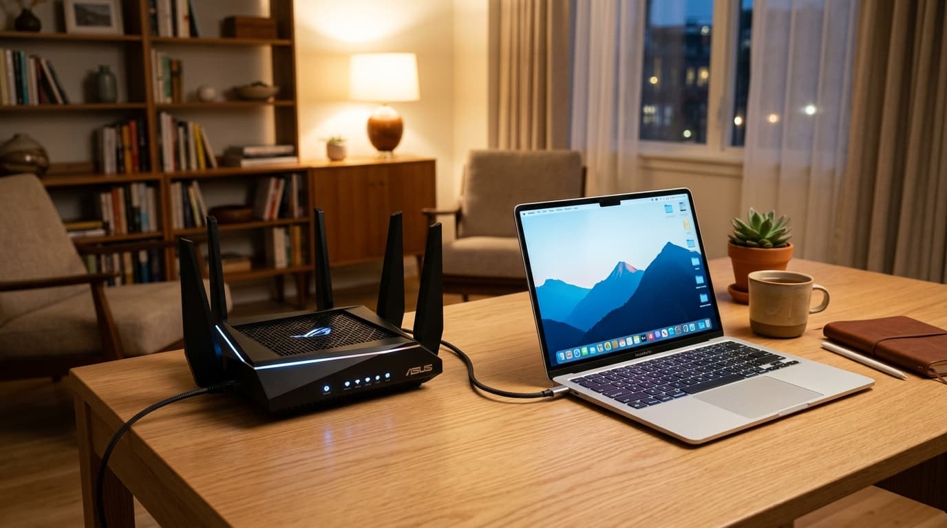 High-speed internet router on a clean desk next to a sleek laptop