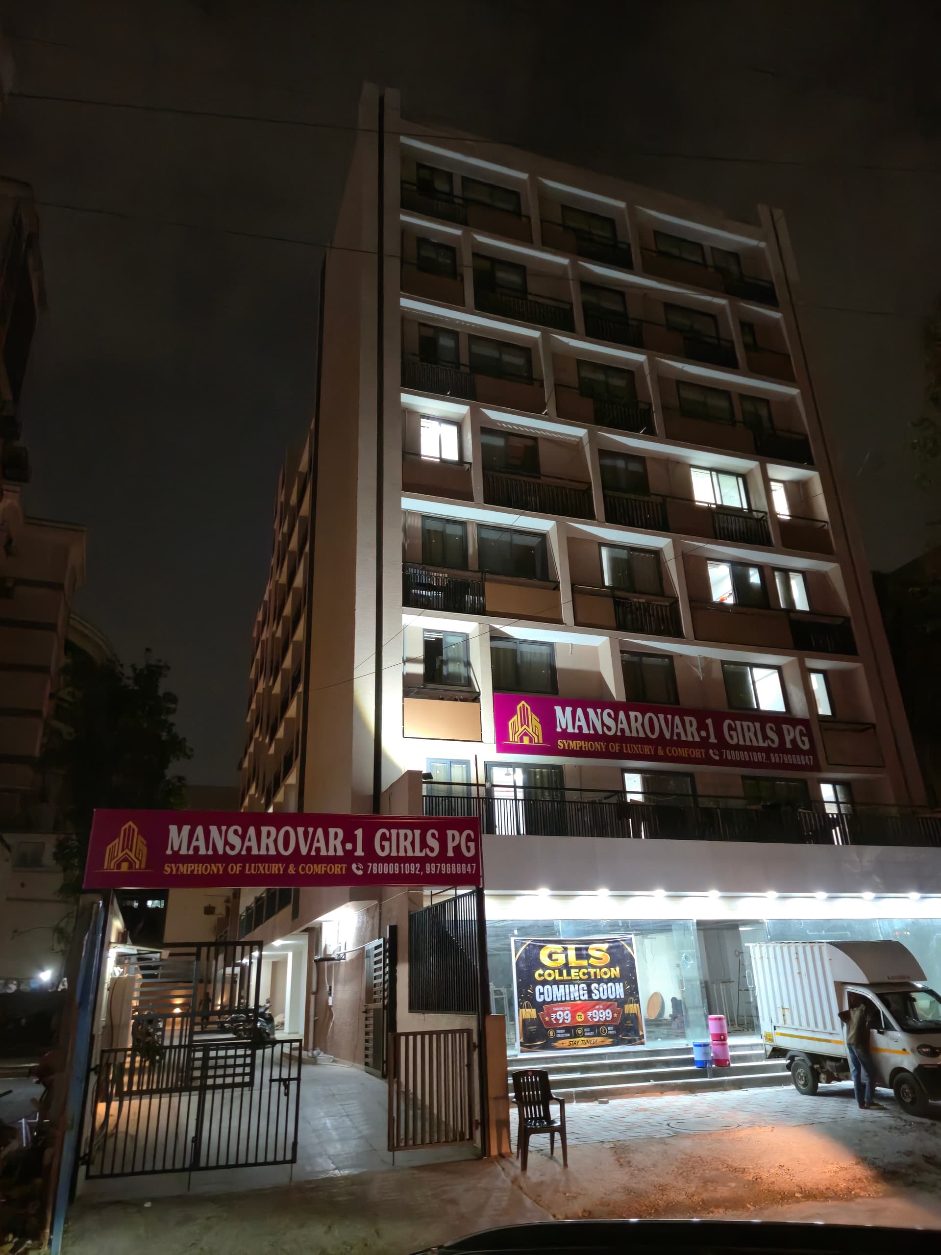 Mansarovar Girls PG building on C.G. Road, directly opposite GLS University, Navrangpura, Ahmedabad — girls hostel exterior