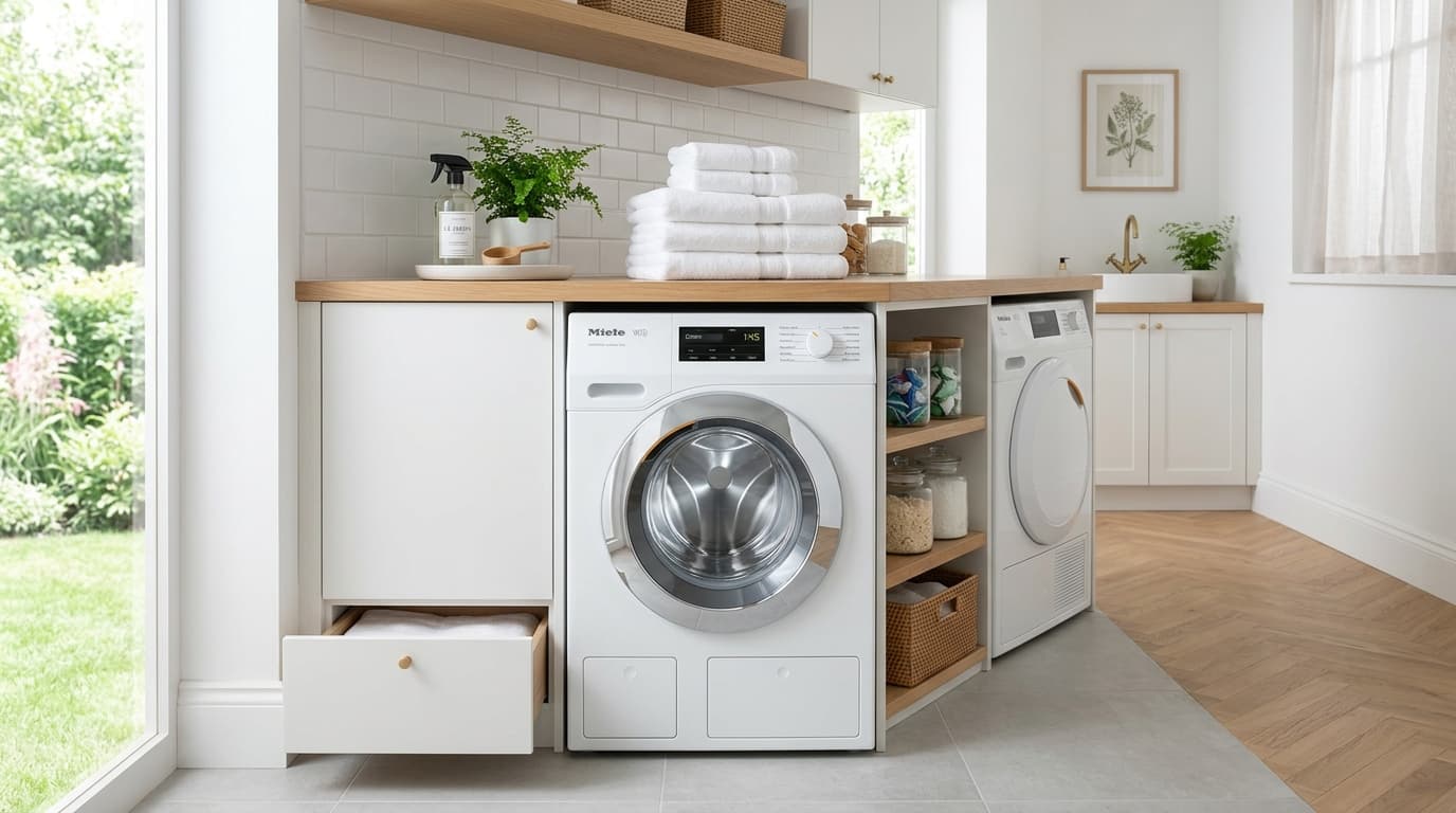 Pristine front-loading washing machine in a clean, well-lit premium laundry room with folded towels