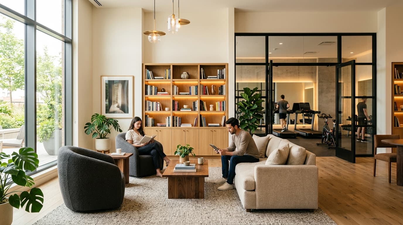 Modern, bright indoor common lounge area with comfortable seating and a glimpse of gym equipment